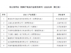 關于擬公告符合《鋰離子電池行業(yè)規(guī)范條件》企業(yè)名單（第三批）的公示